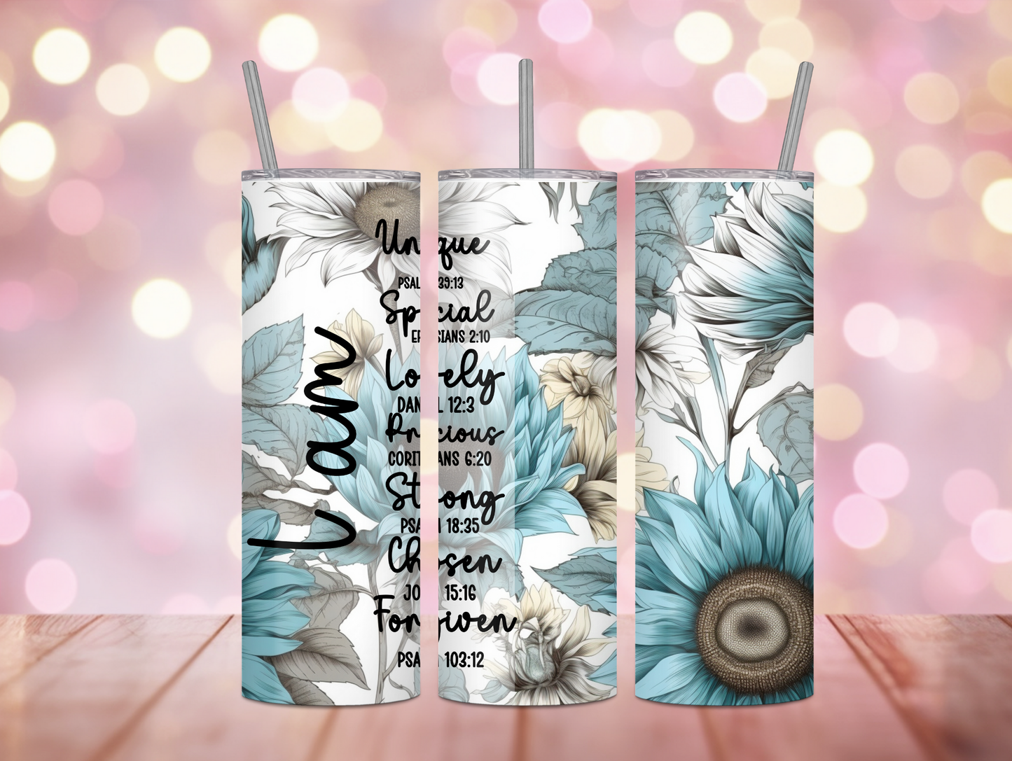 I am Bible Verse Blue Sunflower 20oz Tumbler