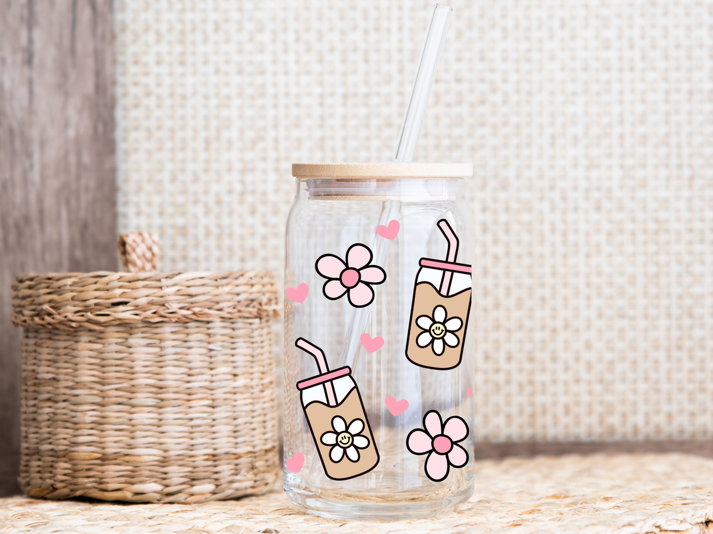 Iced Coffee w/Daisies 16oz Glass Cup