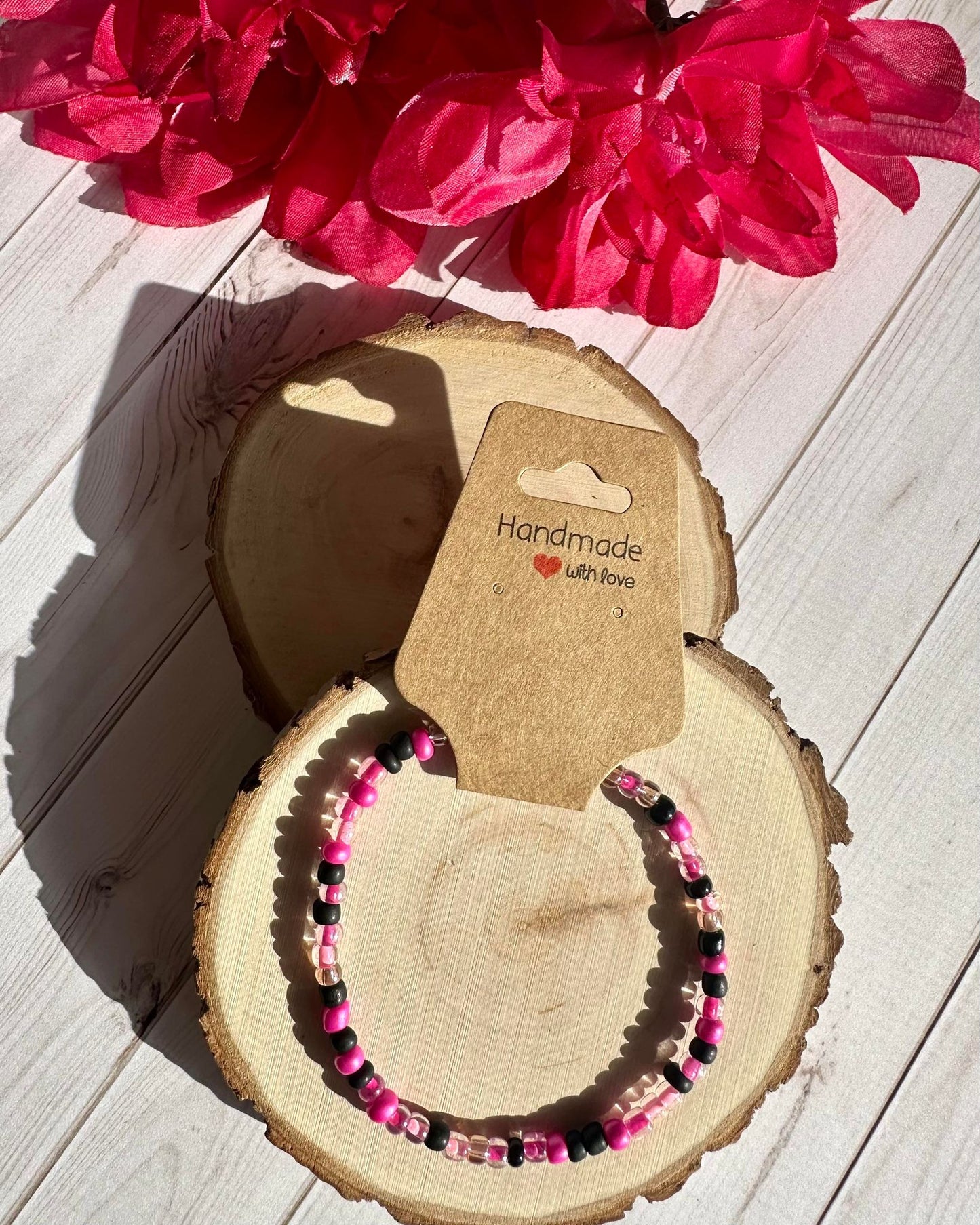Pink/Black/Clear Seed Bead Stretch Bracelet
