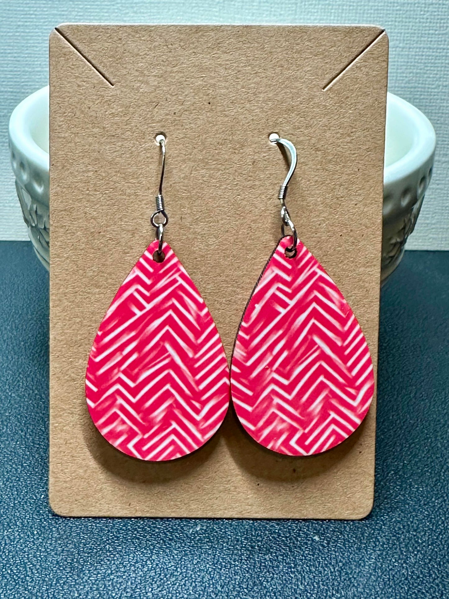 Pink & White Zig Zag Teardrop Earrings