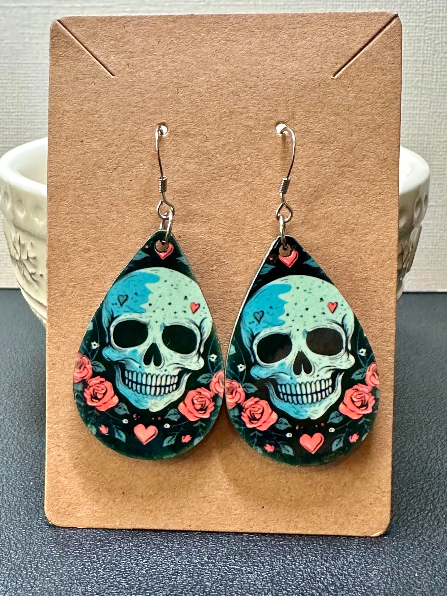 White Skull & Pink Rose Teardrop Earrings