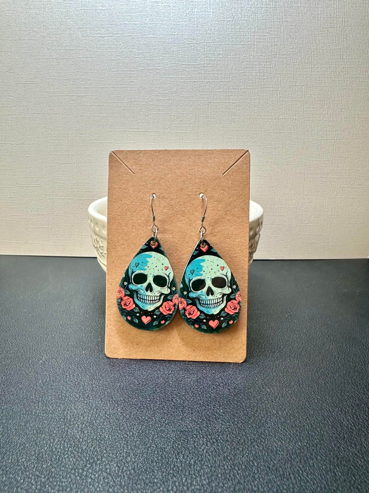 White Skull & Pink Rose Teardrop Earrings