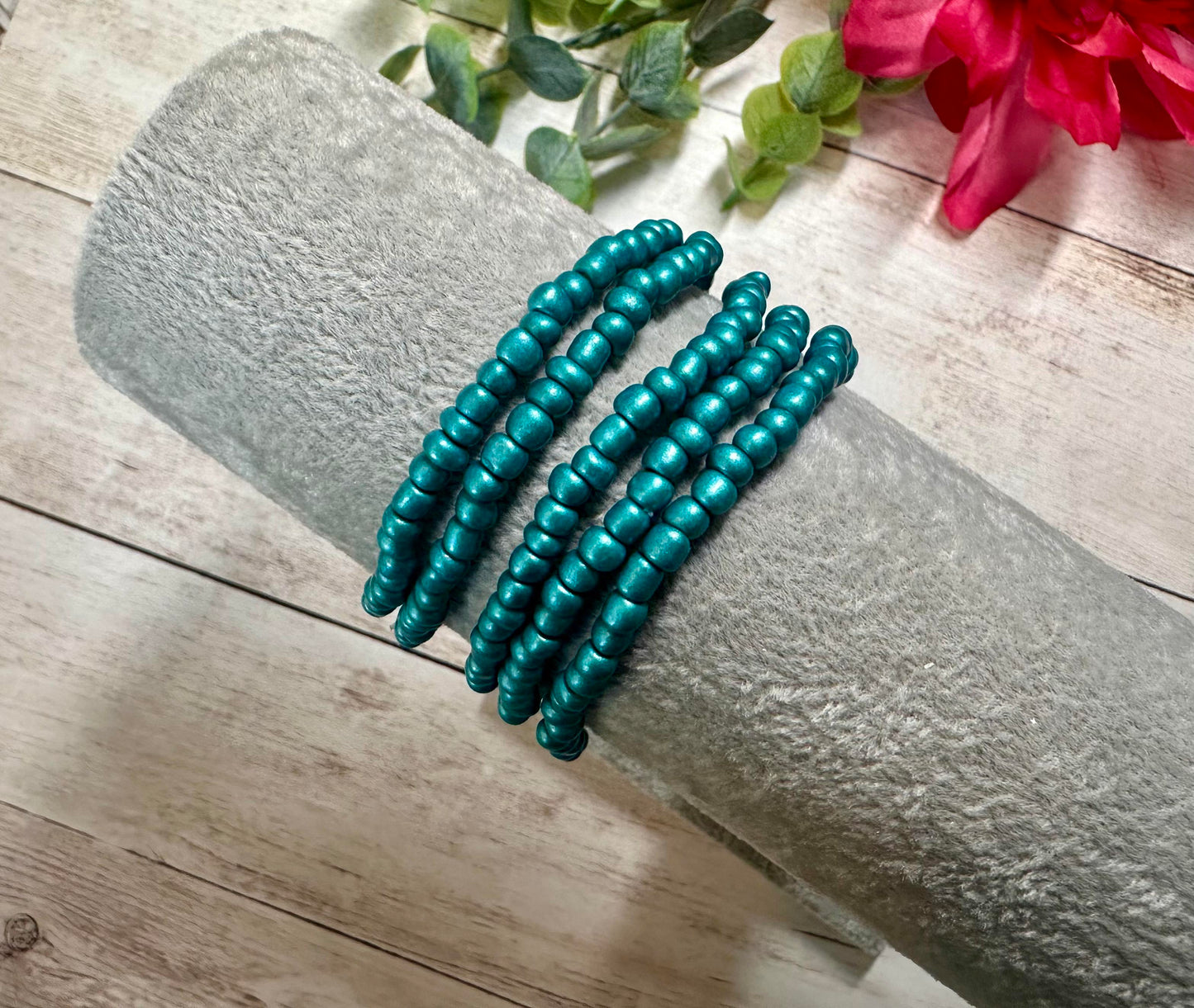 Teal Metallic Seed Bead Stretch Bracelet