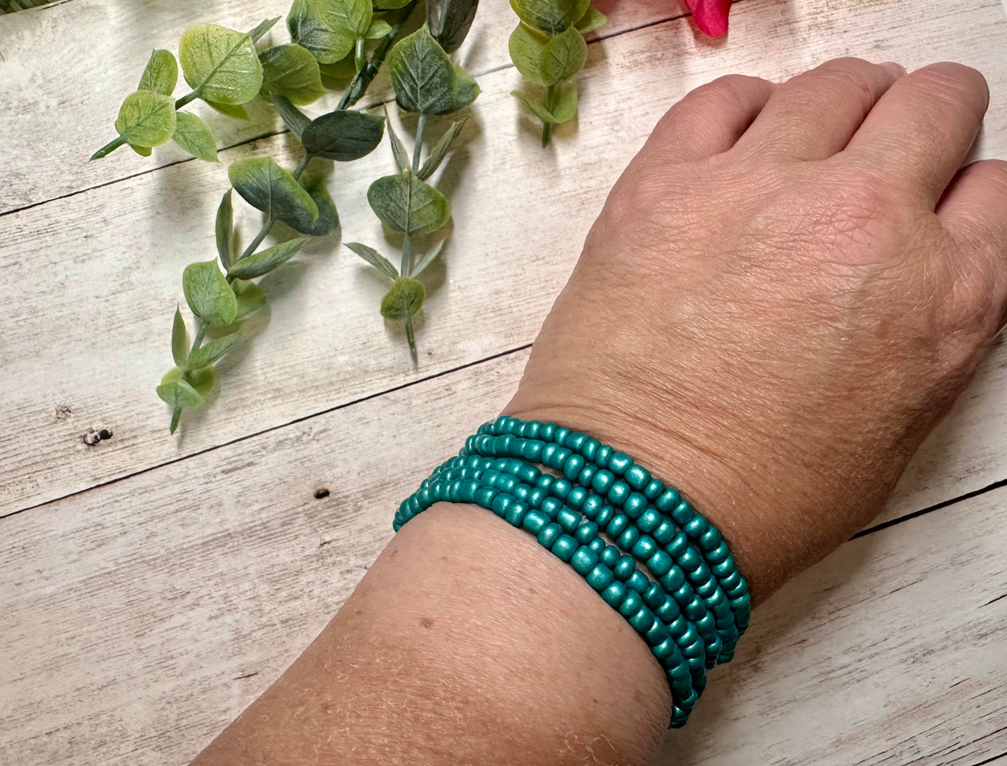 Teal Metallic Seed Bead Stretch Bracelet