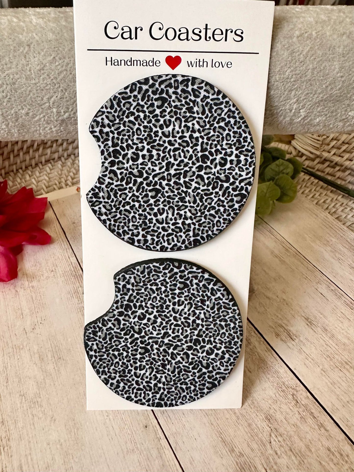 Black and Gray Cheetah Car Coaster