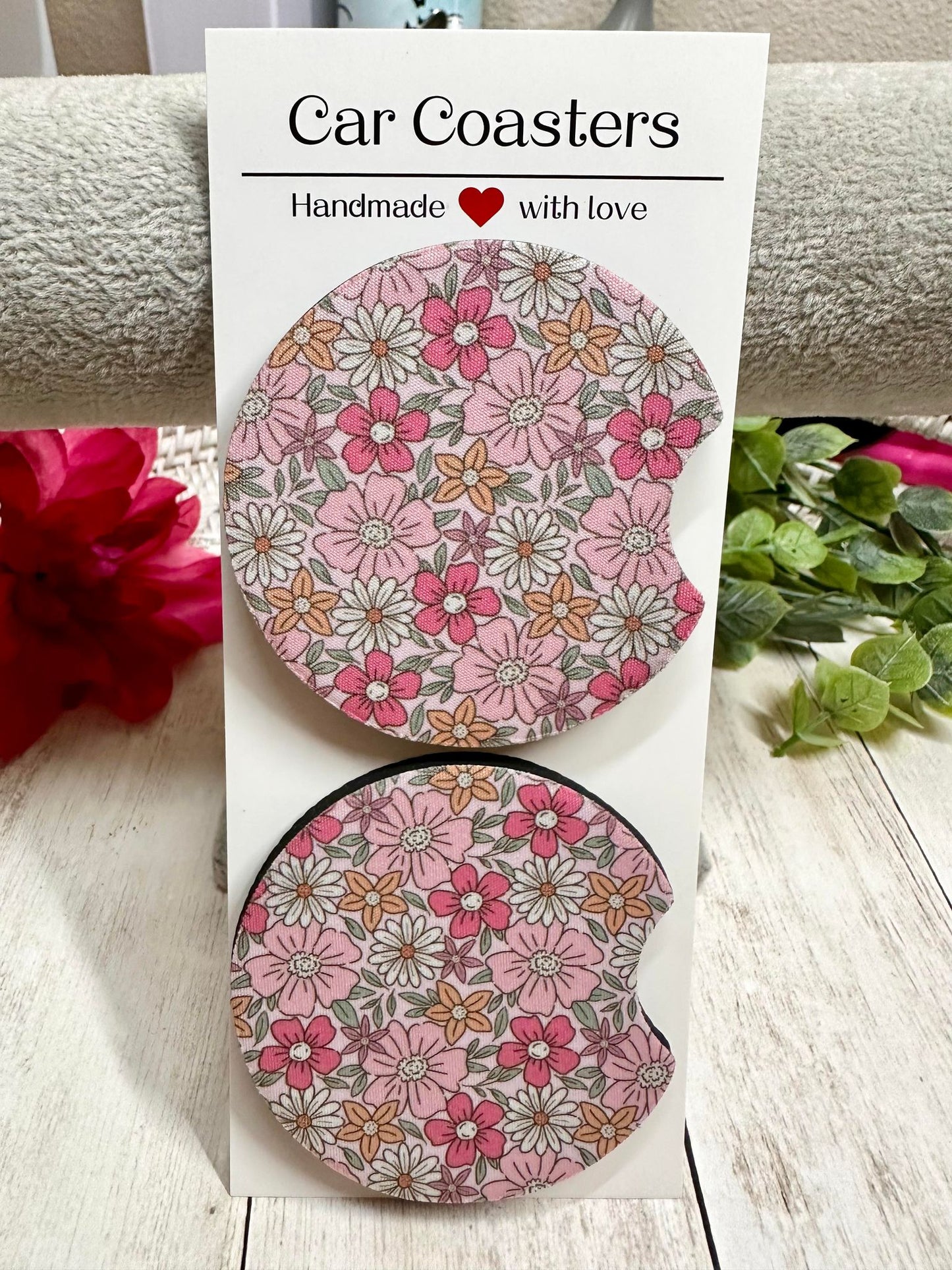 Pink & White Flower Car Coaster