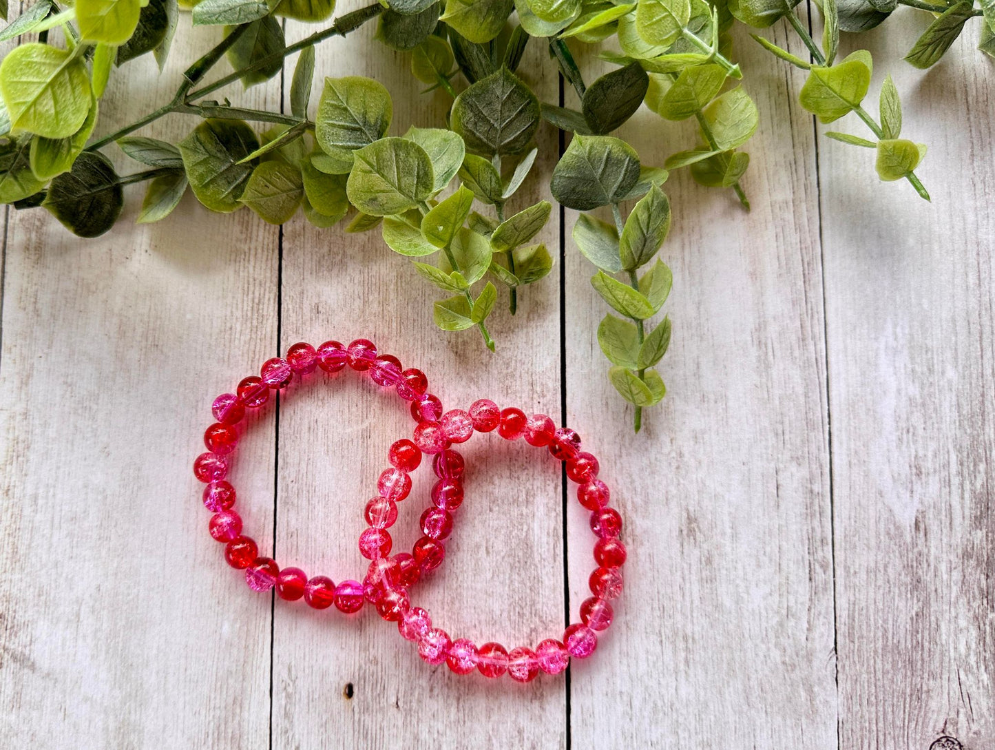 Dark Pink/Red Clear Glass Beaded Stretch Bracelet