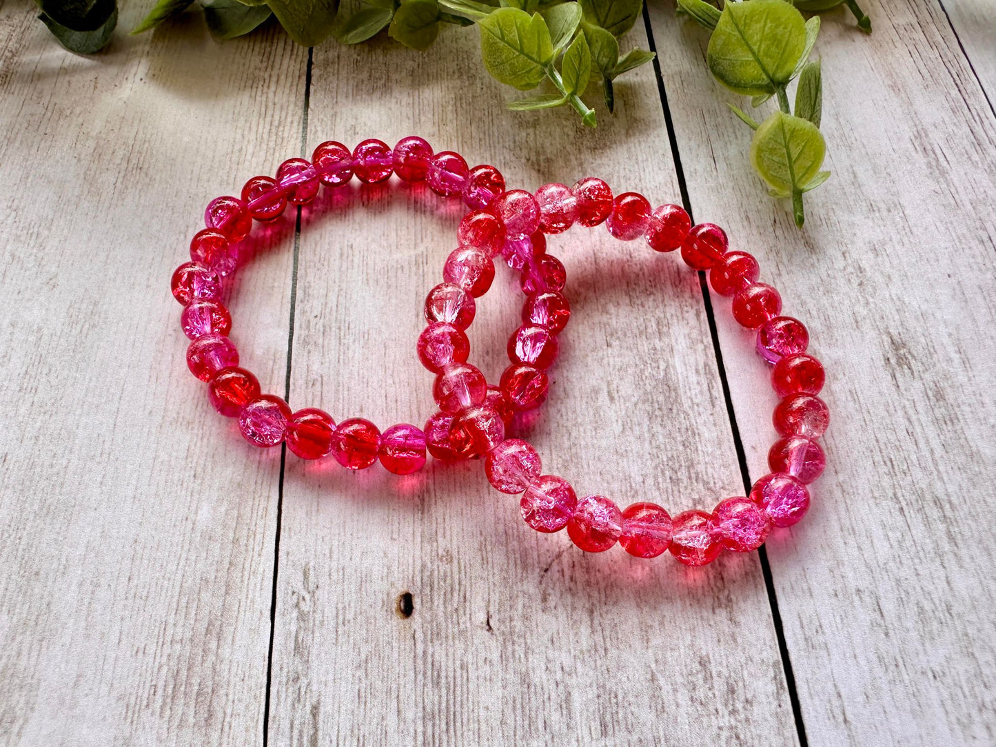 Dark Pink/Red Clear Glass Beaded Stretch Bracelet