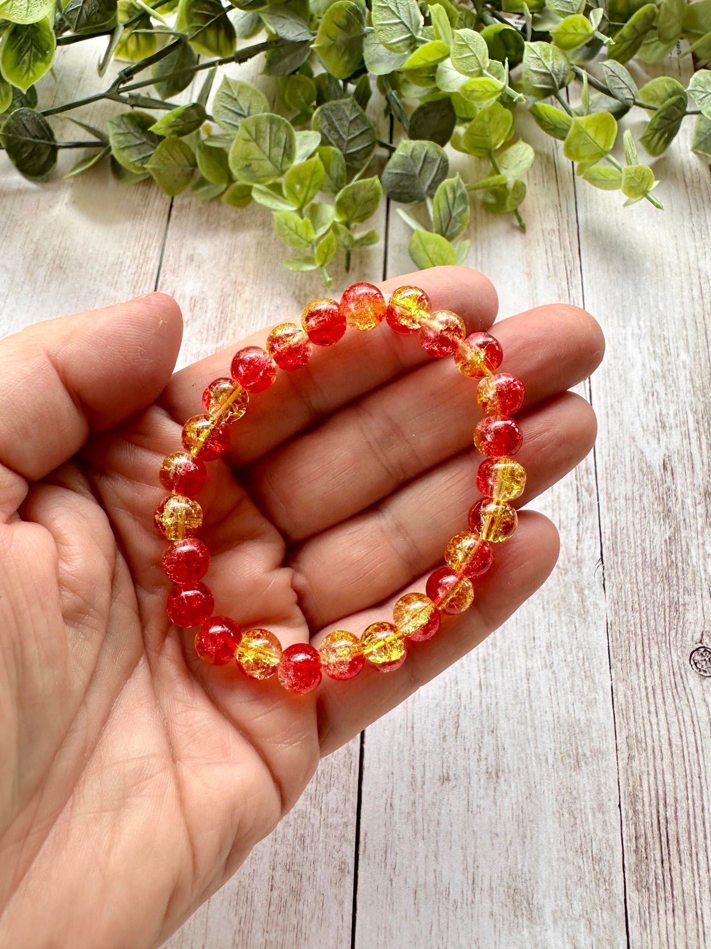 Dark Red/Yellow Clear Glass Beaded Stretch Bracelet
