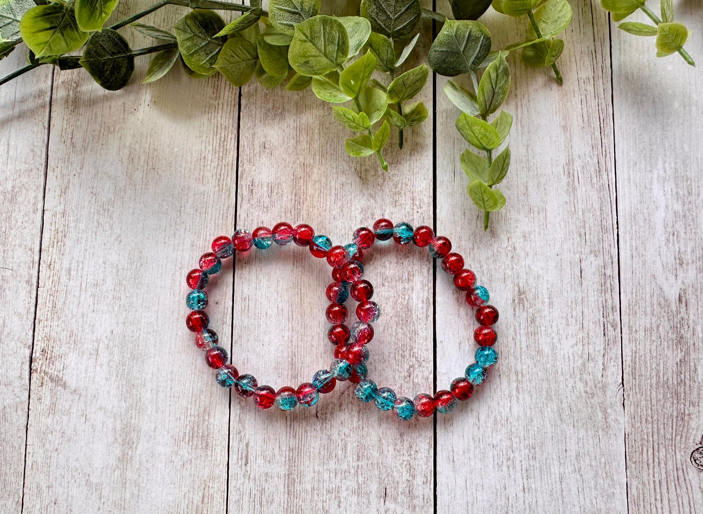 Red/Blue Clear Glass Beaded Stretch Bracelet