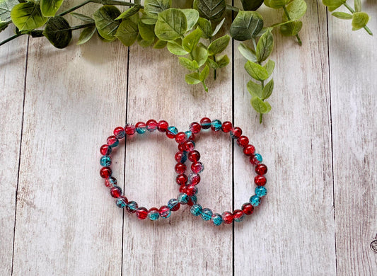 Red/Blue Clear Glass Beaded Stretch Bracelet