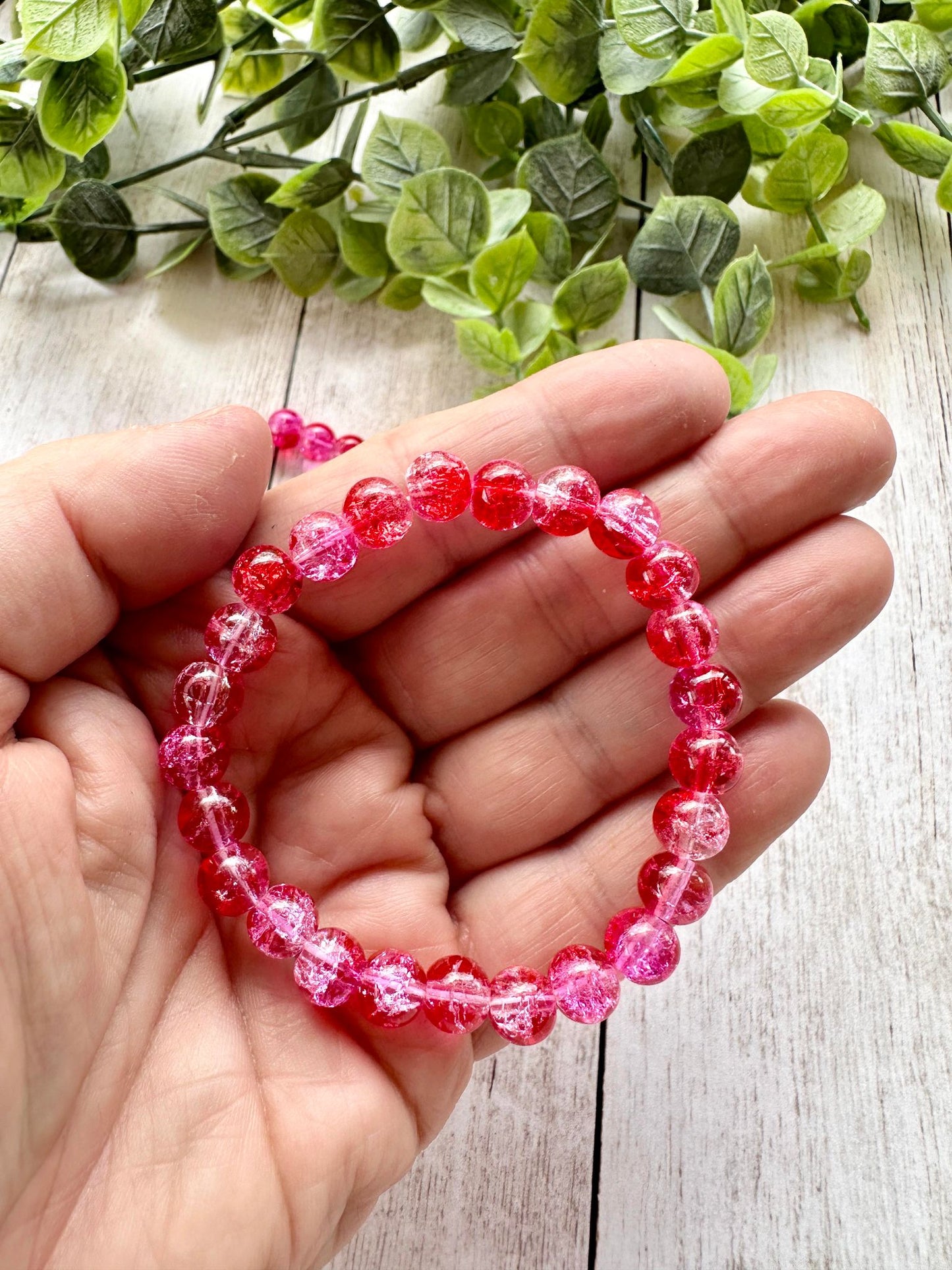 Dark Pink/Red Clear Glass Beaded Stretch Bracelet