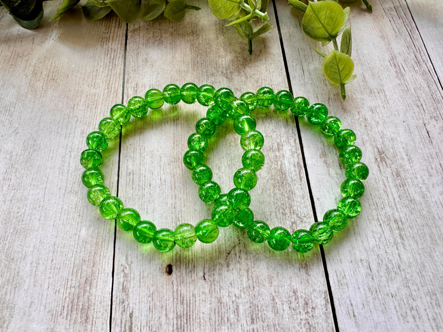 Dark Green Clear Glass Beaded Stretch Bracelet