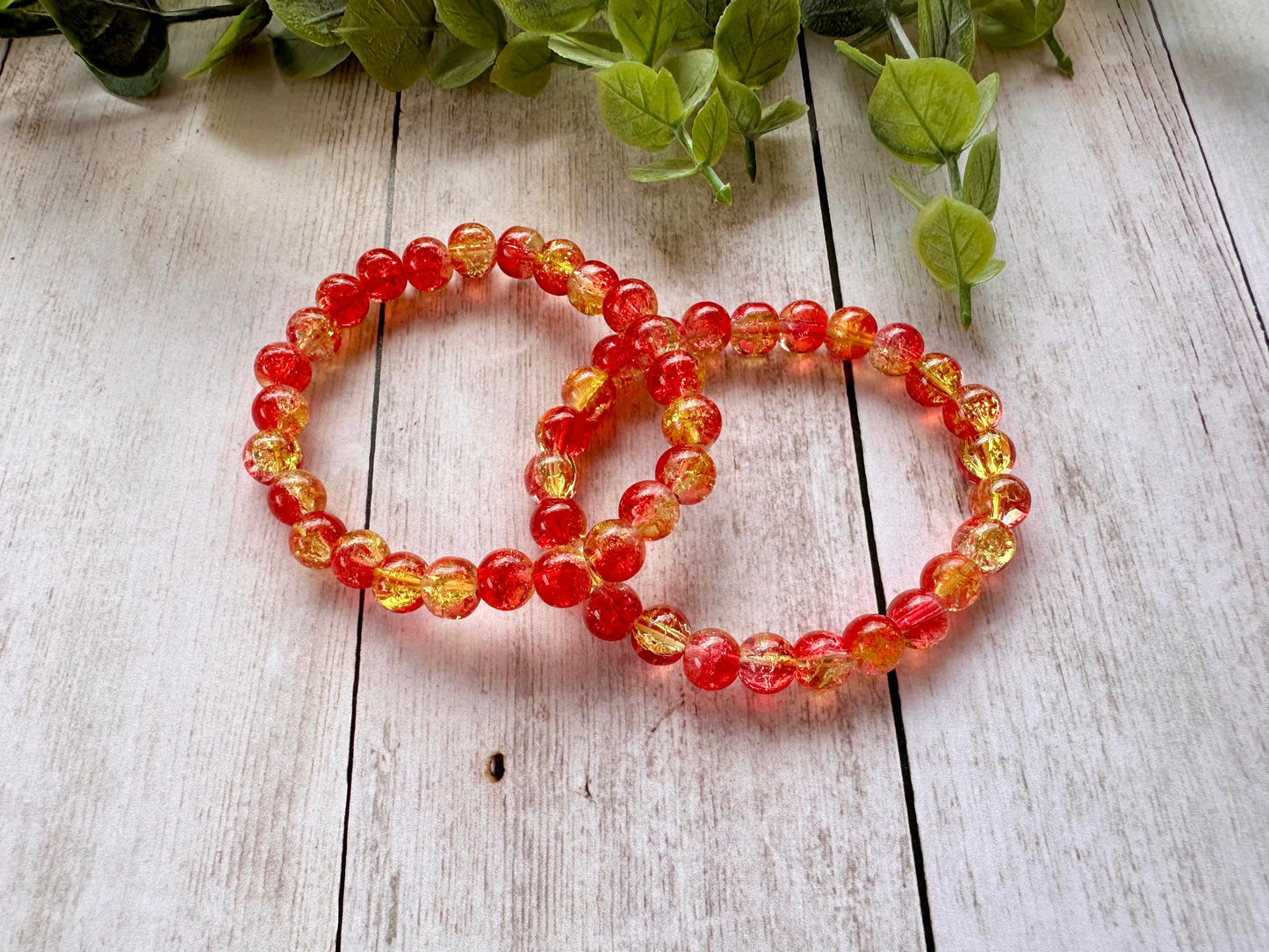 Dark Red/Yellow Clear Glass Beaded Stretch Bracelet