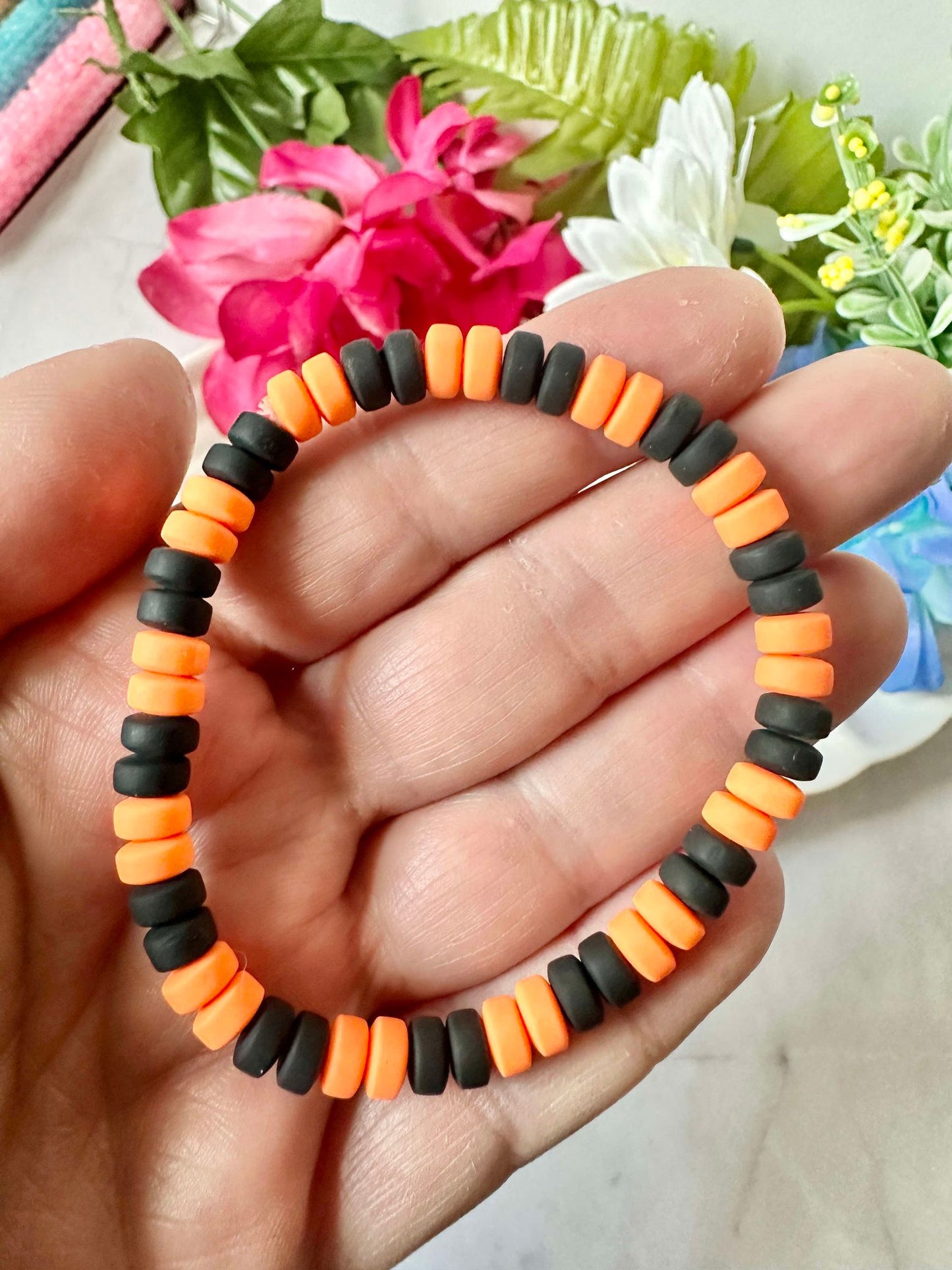 Orange & Black Rubber Bead Stretch Bracelet