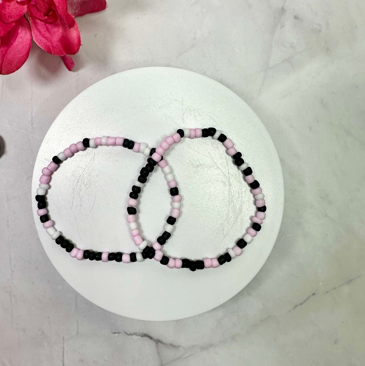 Pink/Black/White Matte Seed Bead Bracelet