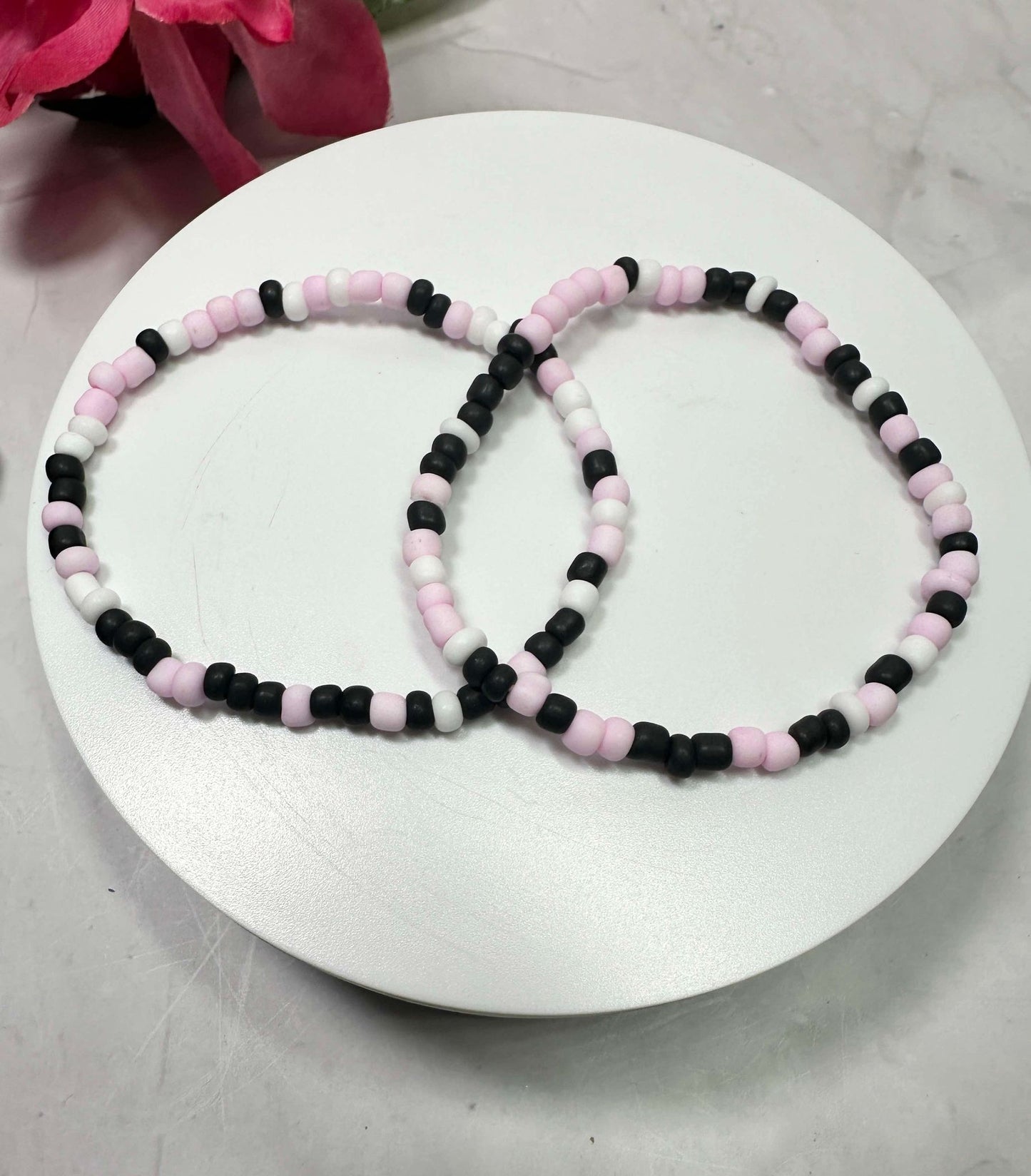 Pink/Black/White Matte Seed Bead Bracelet