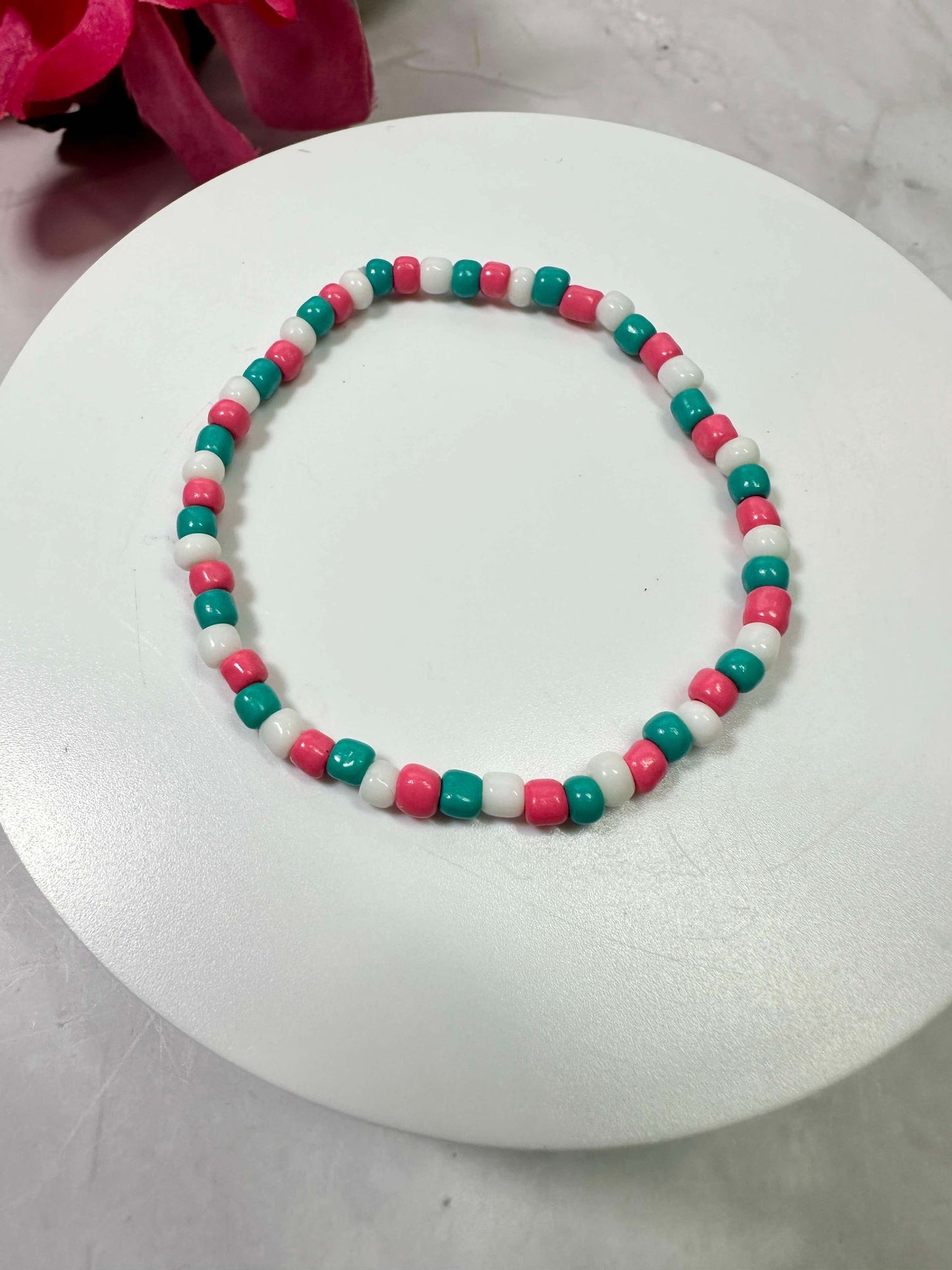 Pink/Turquoise/White Seed Bead Bracelet
