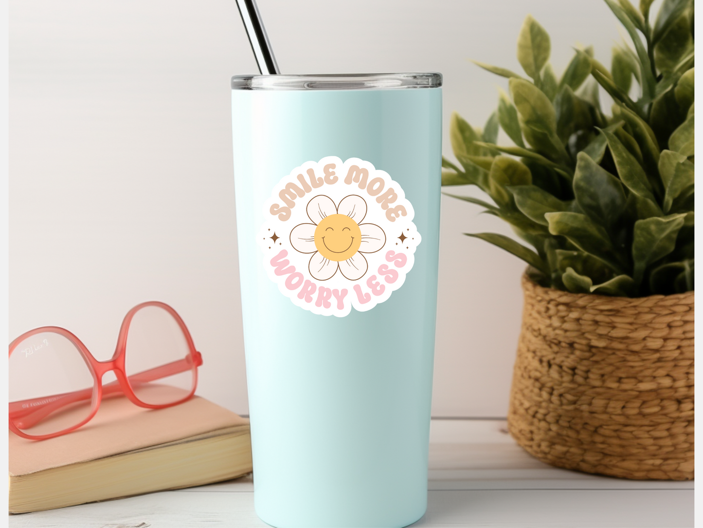Boho Pastel Smile More Worry Less Flower Sticker