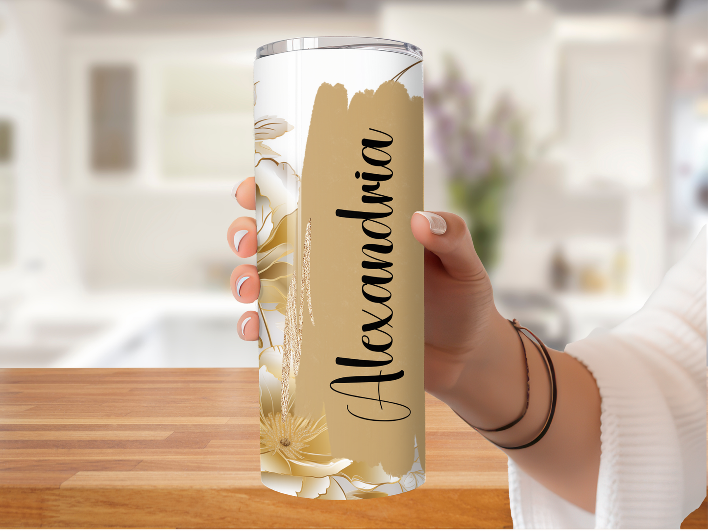 Gold Roses Brush Stroke Personalized Tumbler