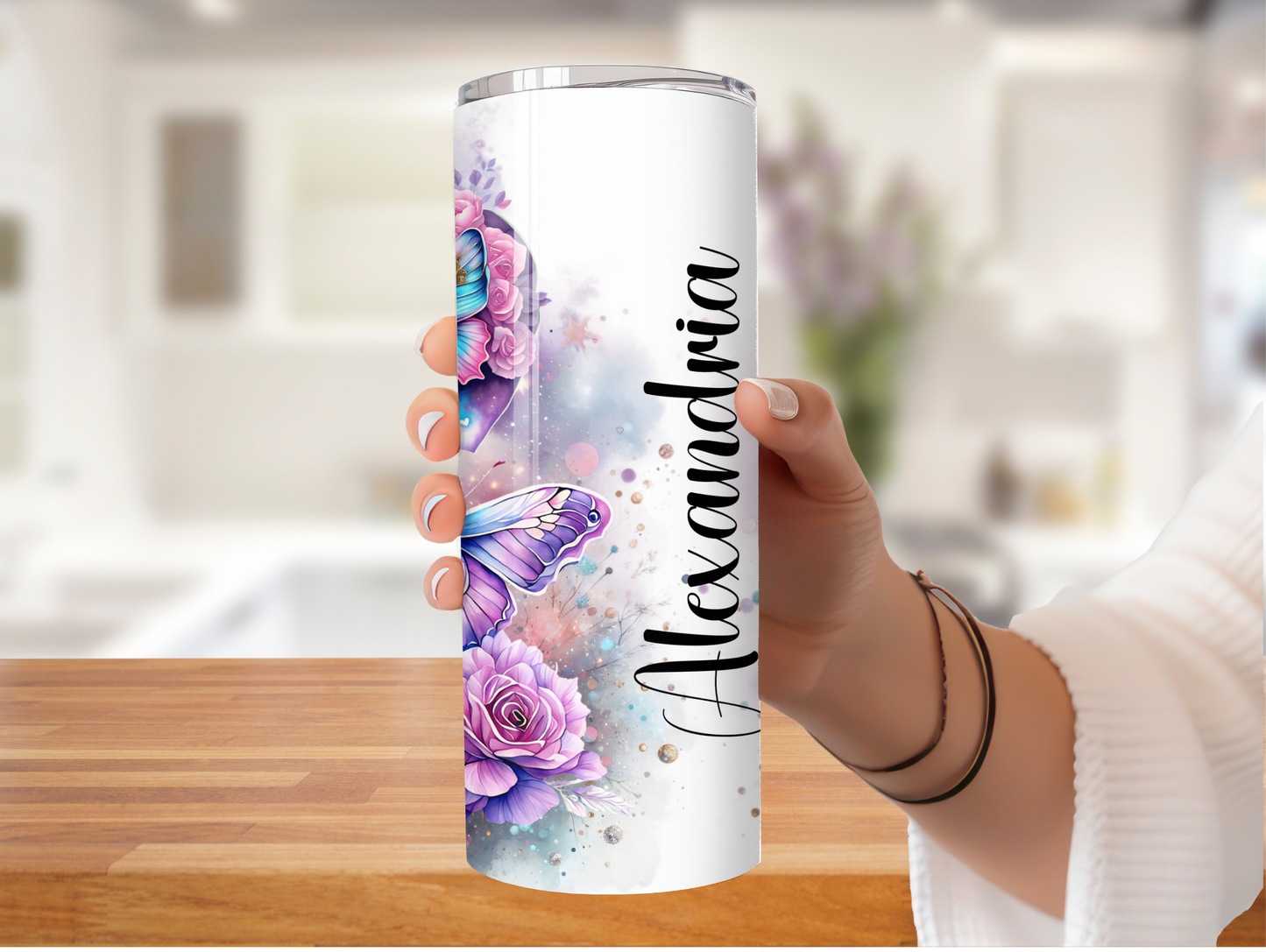 Purple Floral & Butterfly Personalized Tumbler