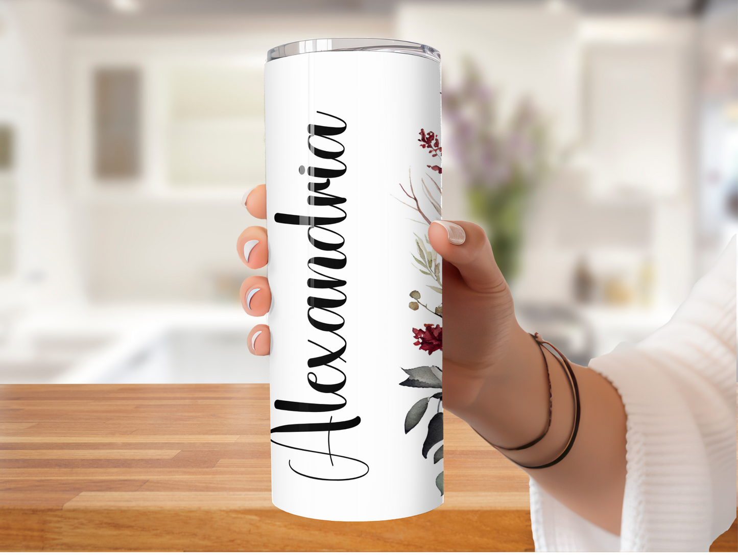 Burgundy Watercolor Floral Personalized Tumbler