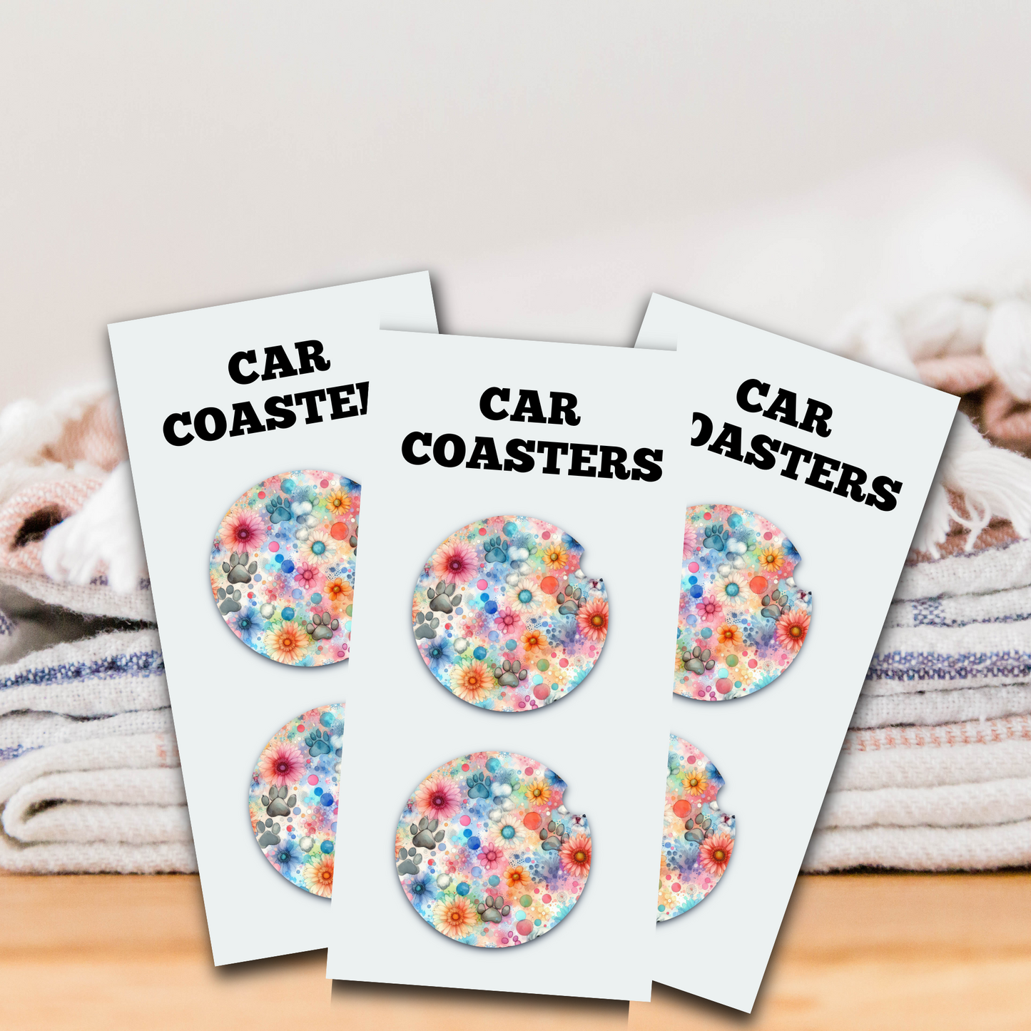 Watercolor Pawprint & Flowers Car Coaster