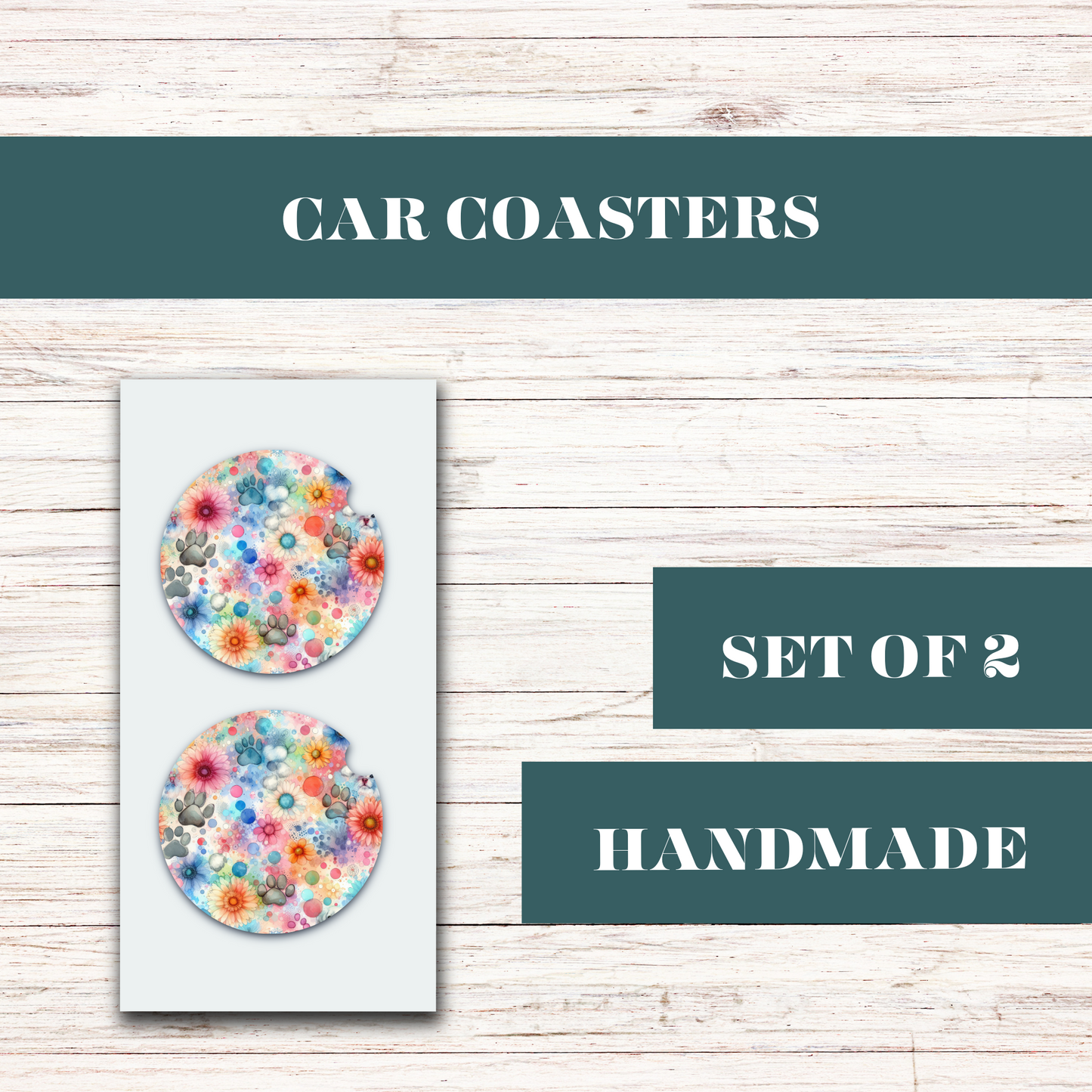 Watercolor Pawprint & Flowers Car Coaster