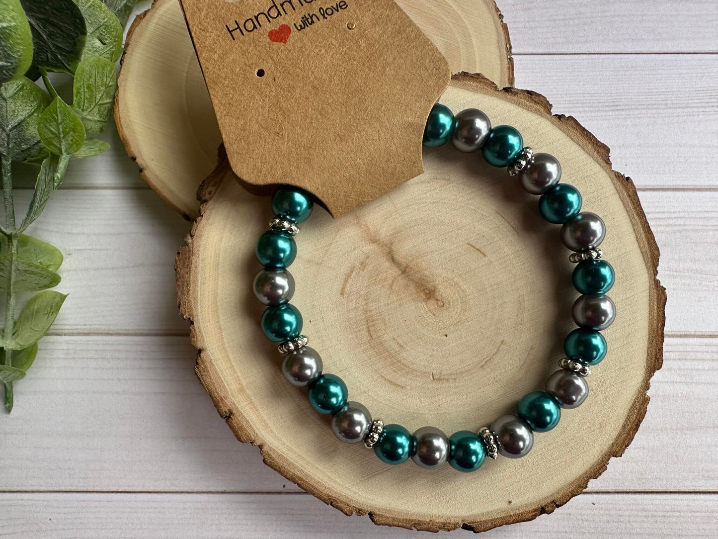 Teal/Silver Pearl Beaded Stretch Bracelet