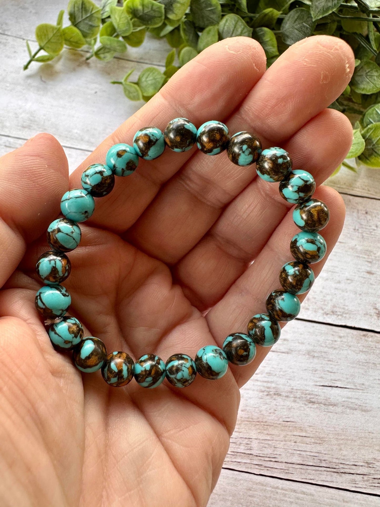 Single Strand Teal & Brown Marble Bead Bracelet