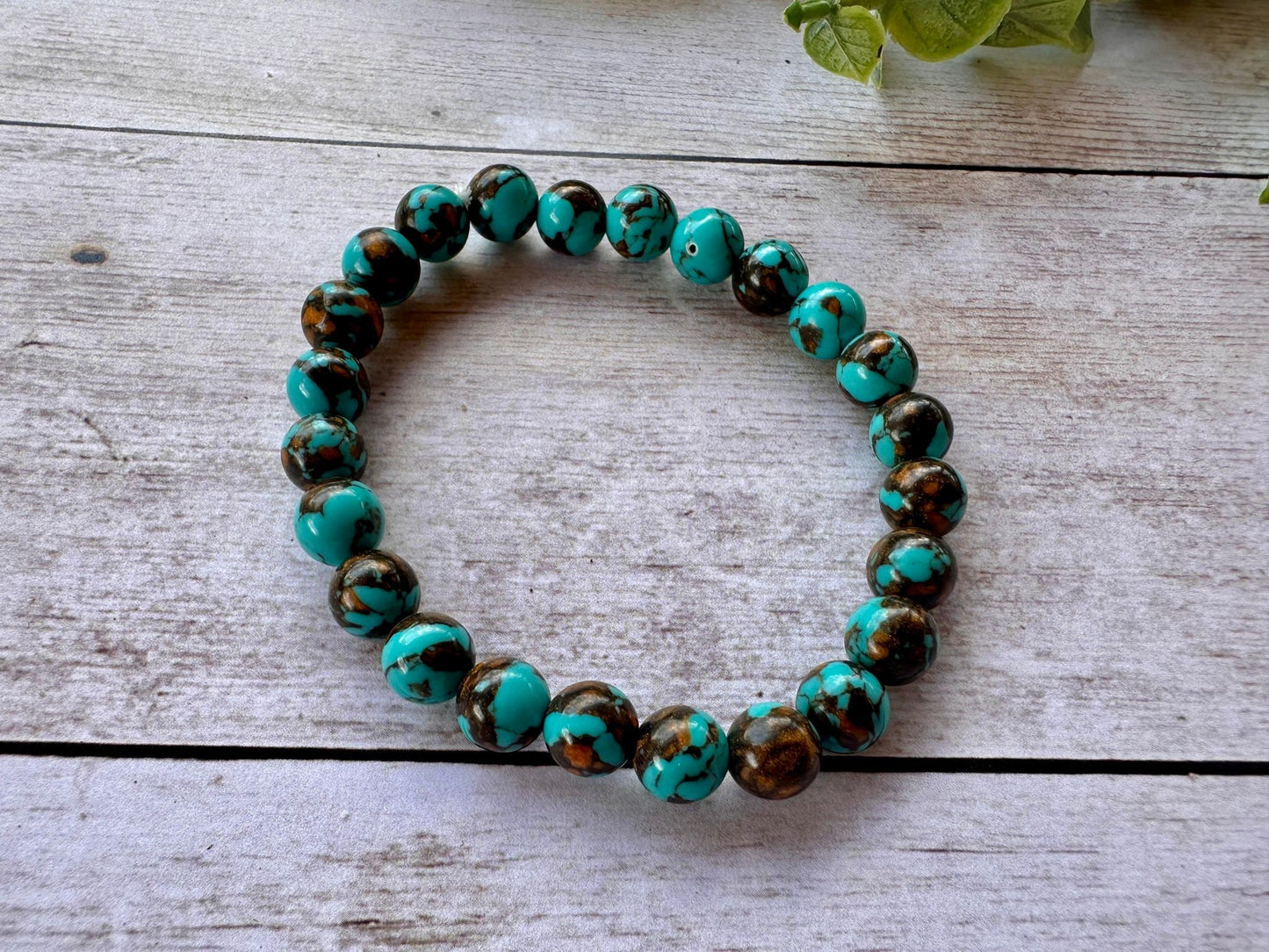Single Strand Teal & Brown Marble Bead Bracelet