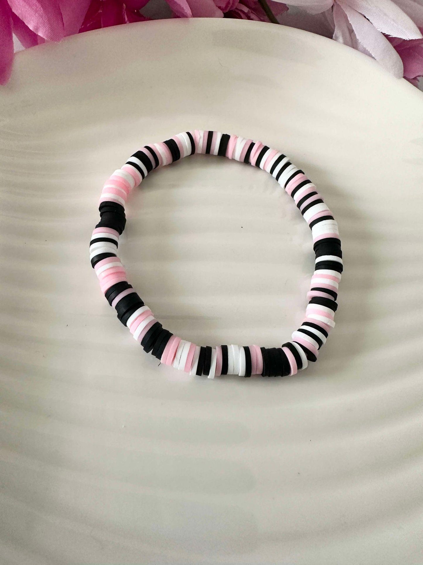 Single Strand Pink Black White Heishi Bracelet