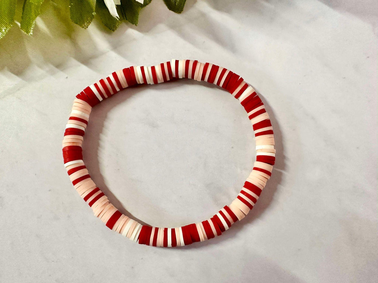 Single Strand Handmade Red Peach & White Heishi Polymer Clay Bracelet