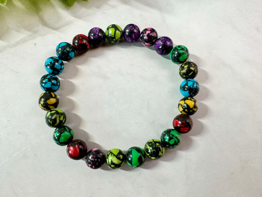 Single Strand Rainbow Marble Glass Bead Stretch Bracelet