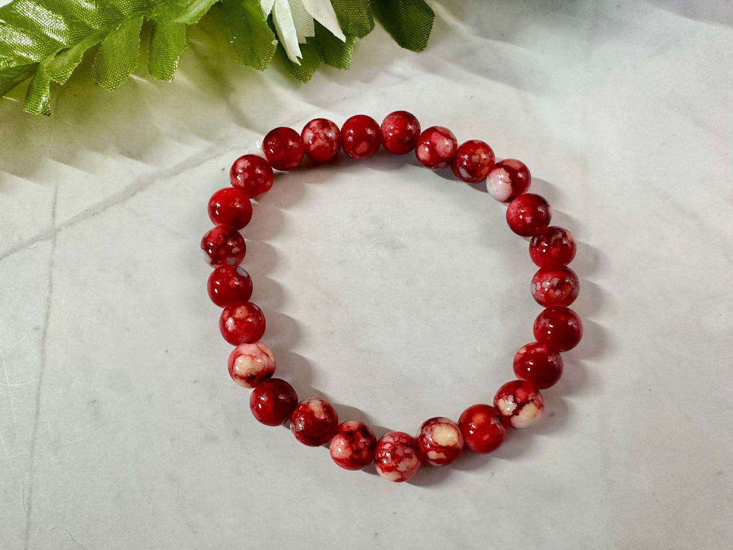 Red Marble Glass Bead Stretch Bracelet - Trendy Stackable Jewelry