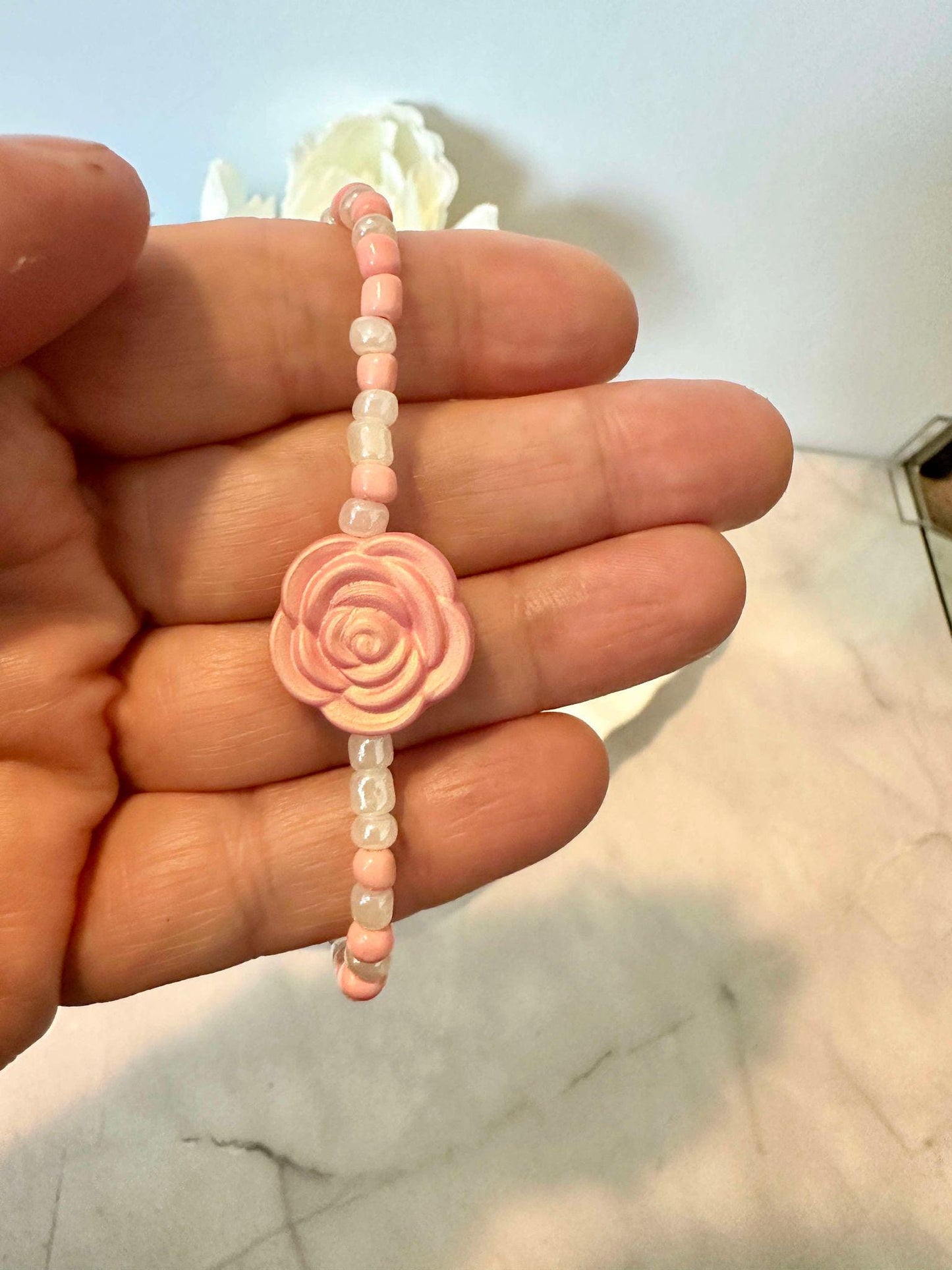 Single Strand Light Pink Shimmer Rose Stretch Bracelet