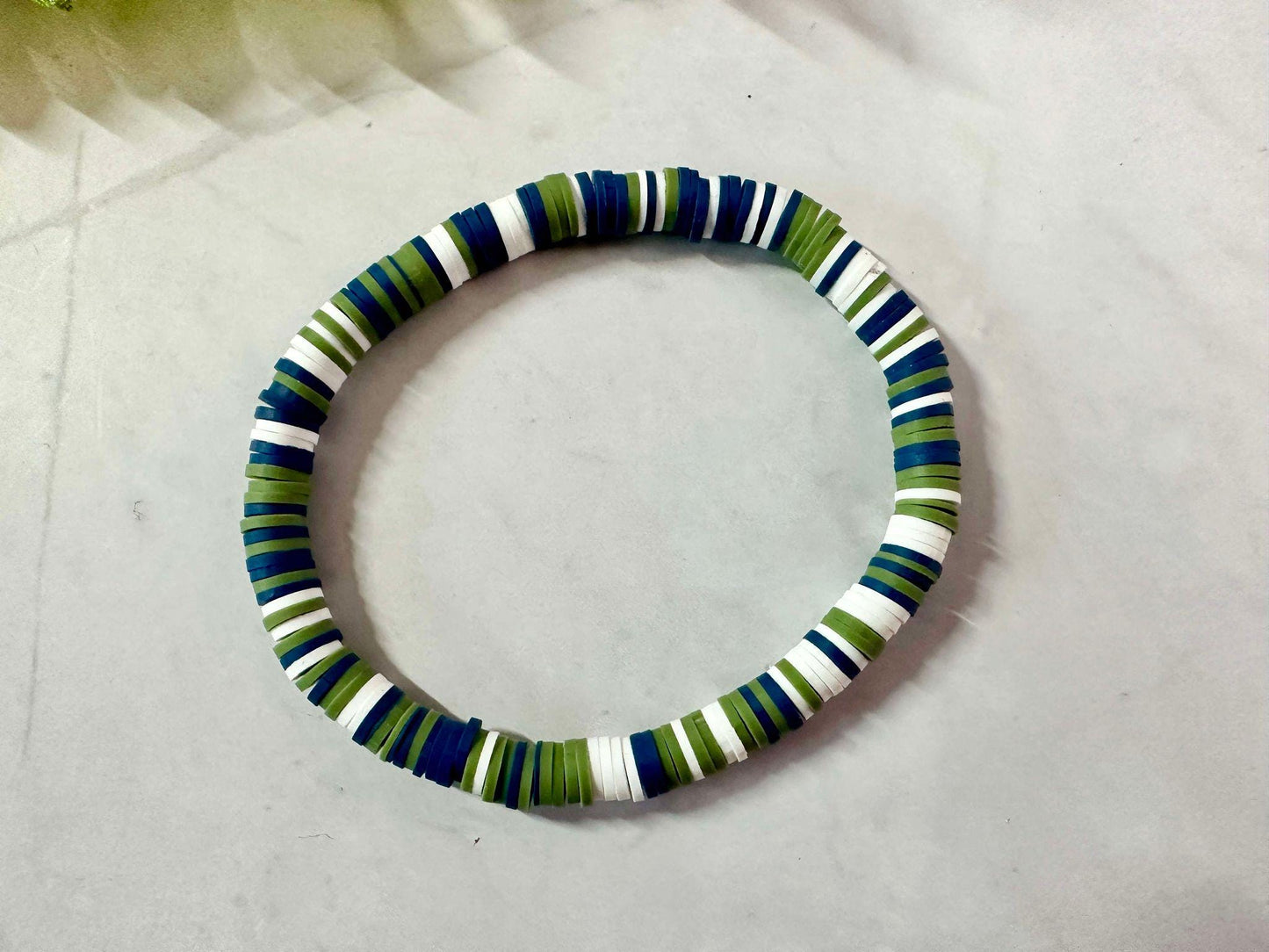 Single Strand Handmade Navy Green White Heishi Bracelet