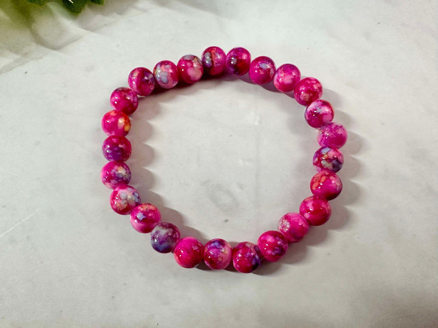 Hot Pink Marble Seed Bead Stretch Bracelet: Stackable Trendy Gift