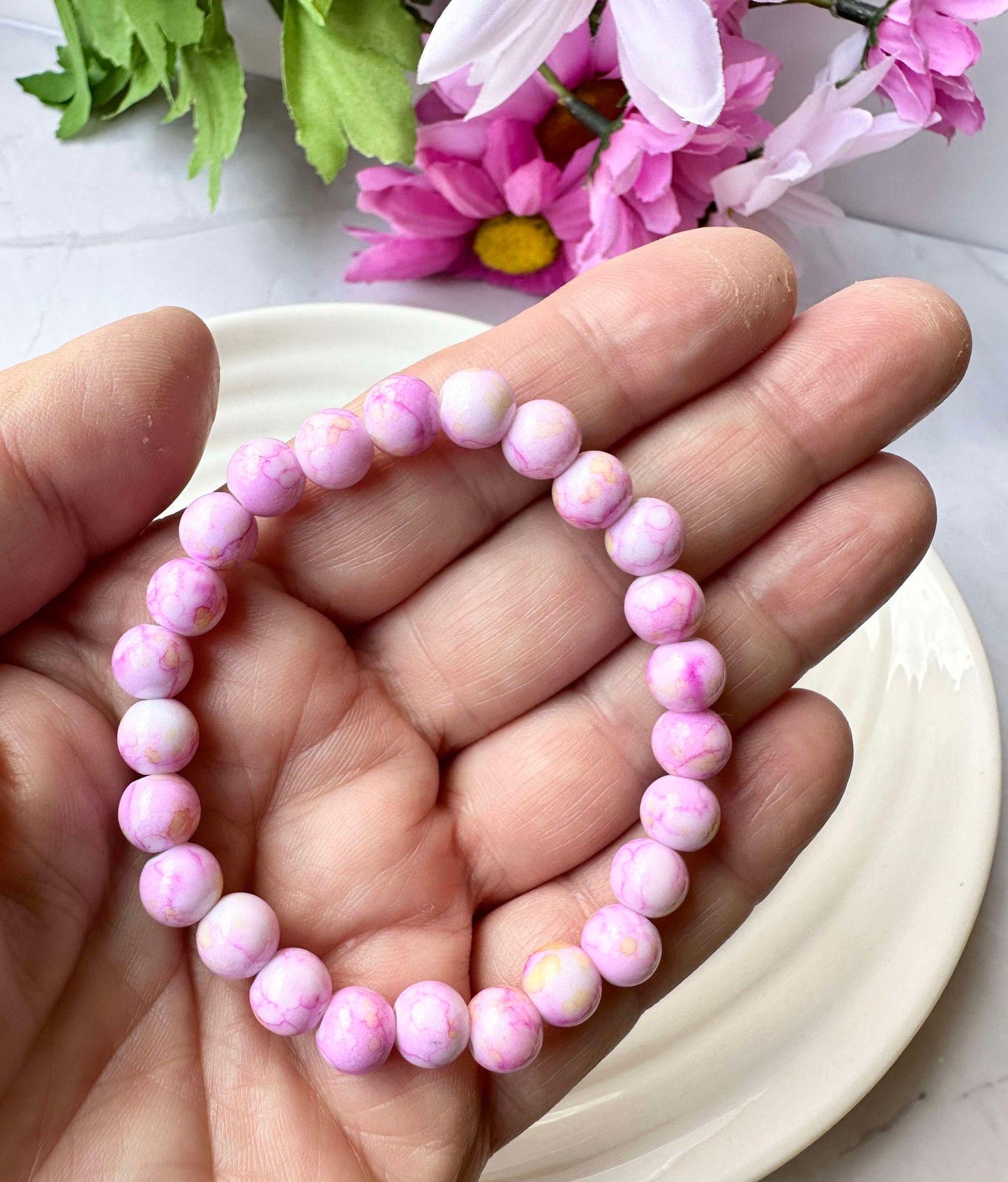 Single Strand Pink Bubble Gum Glass Bead Stretch Bracelet
