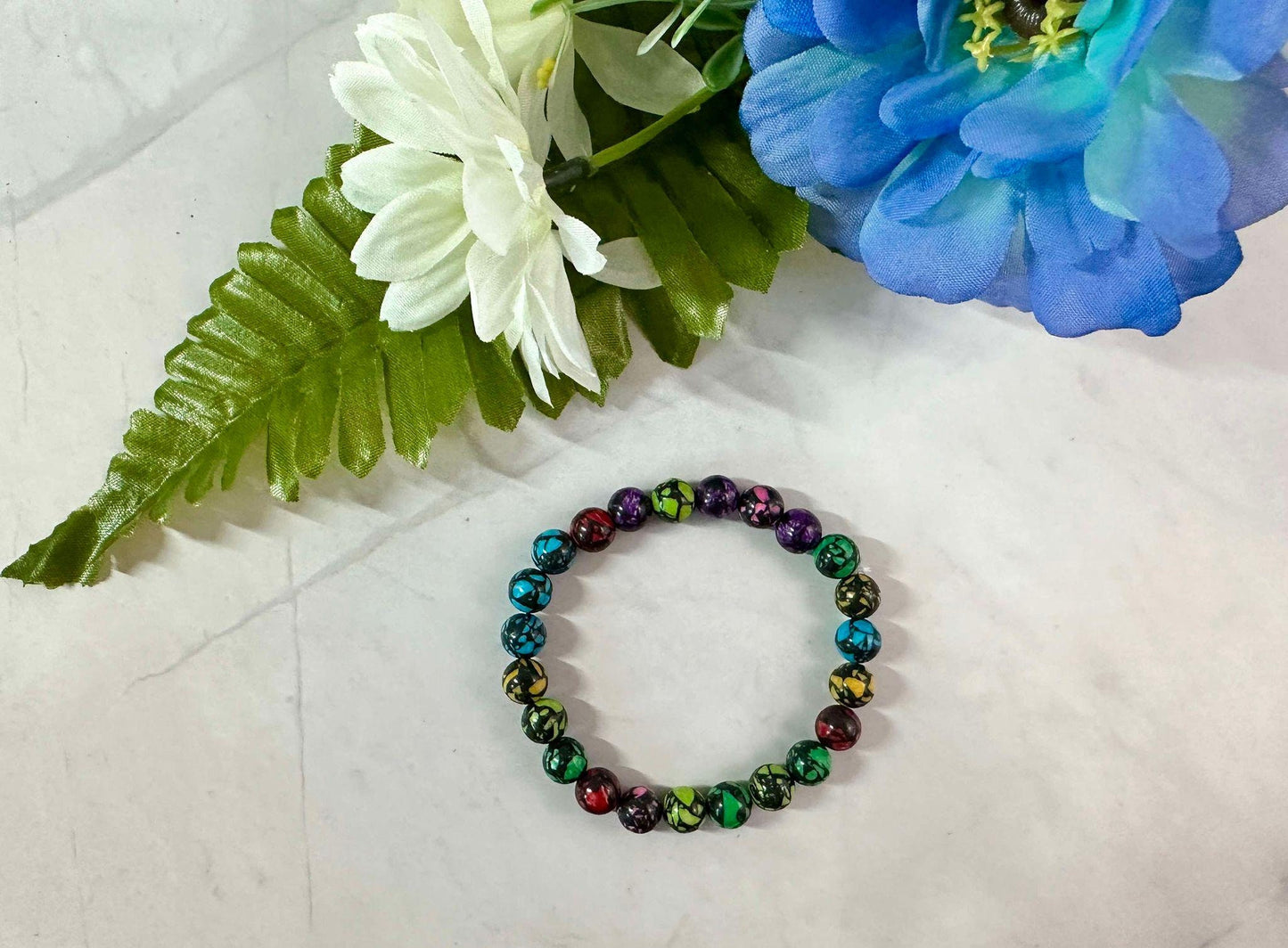 Single Strand Rainbow Marble Glass Bead Stretch Bracelet