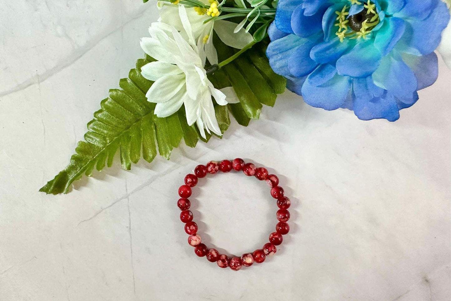Red Marble Glass Bead Stretch Bracelet - Trendy Stackable Jewelry