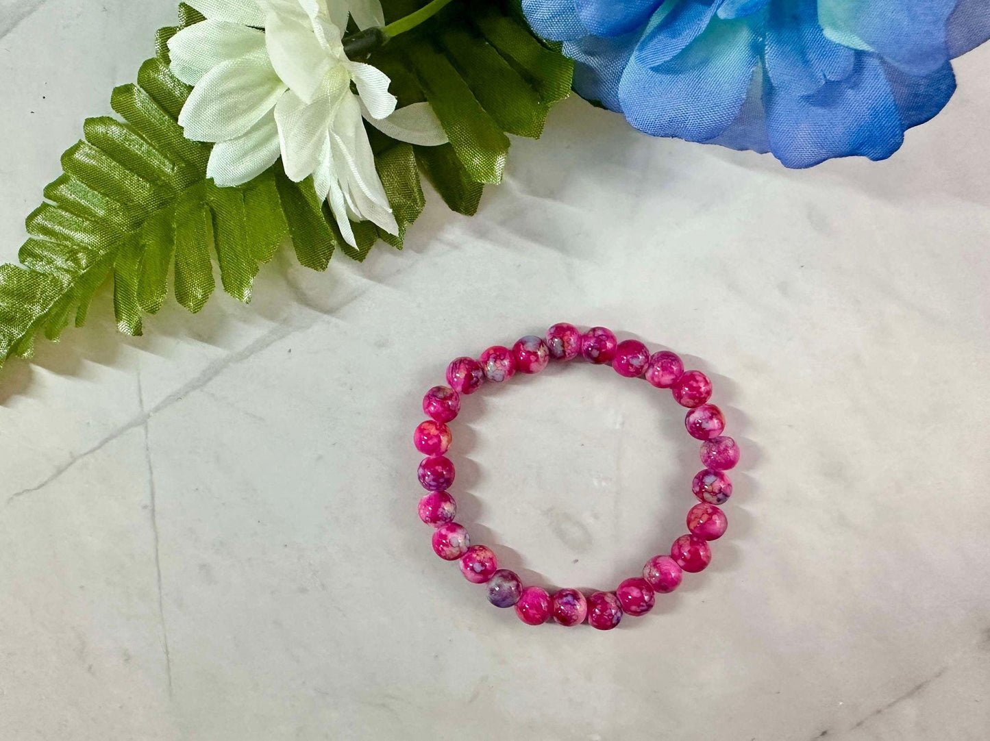 Hot Pink Marble Seed Bead Stretch Bracelet: Stackable Trendy Gift