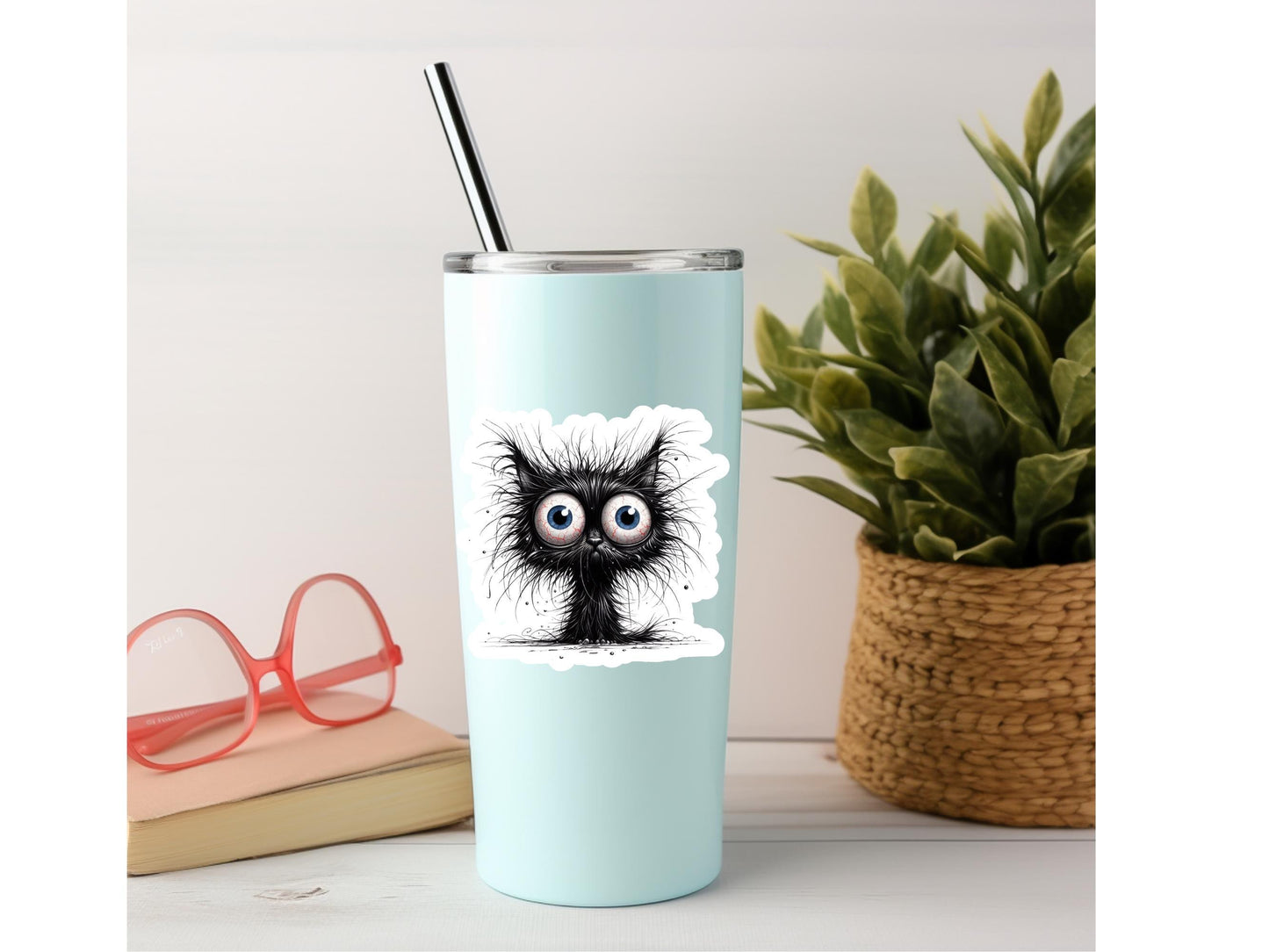 Frazzled Black Cat Vinyl Sticker: Water Resistant Laptop Decal