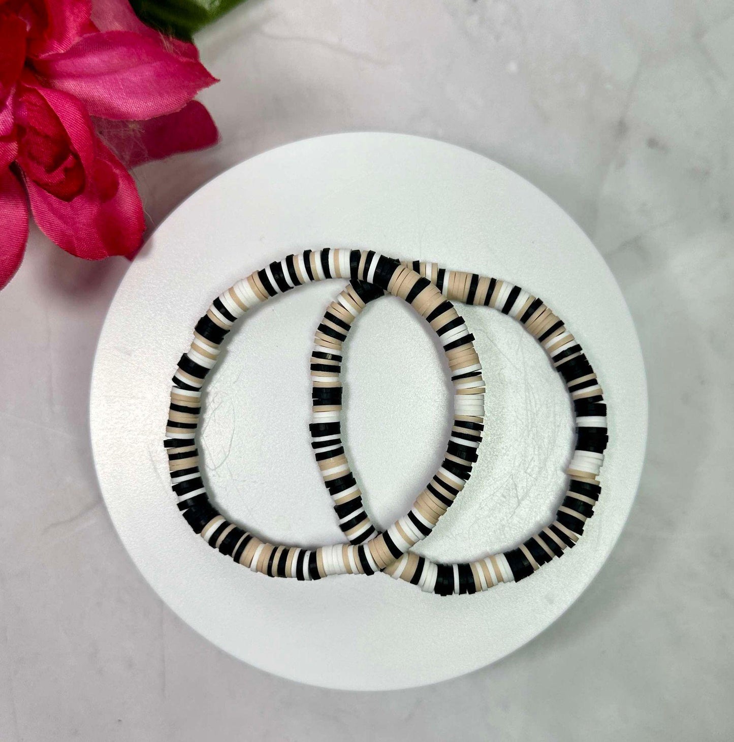 Single Strand Neutral Heishi Bracelet: Black, Beige, White Clay Bead Stackable Bracelet