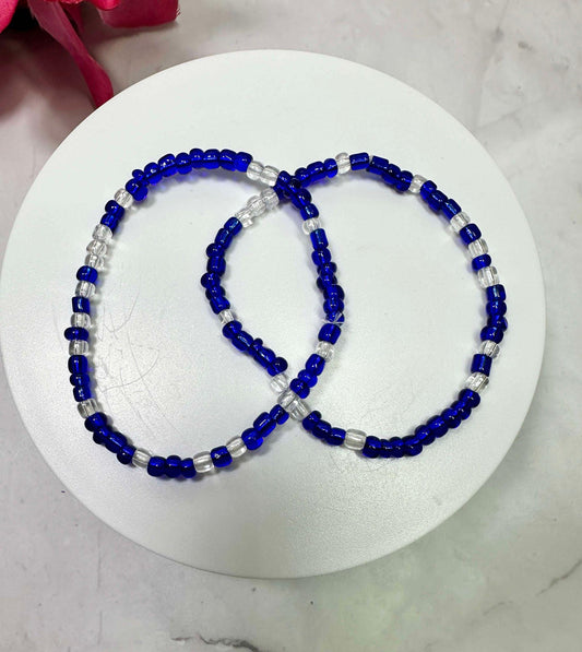 Single Strand Translucent Blue & Clear Seed Bead Bracelet