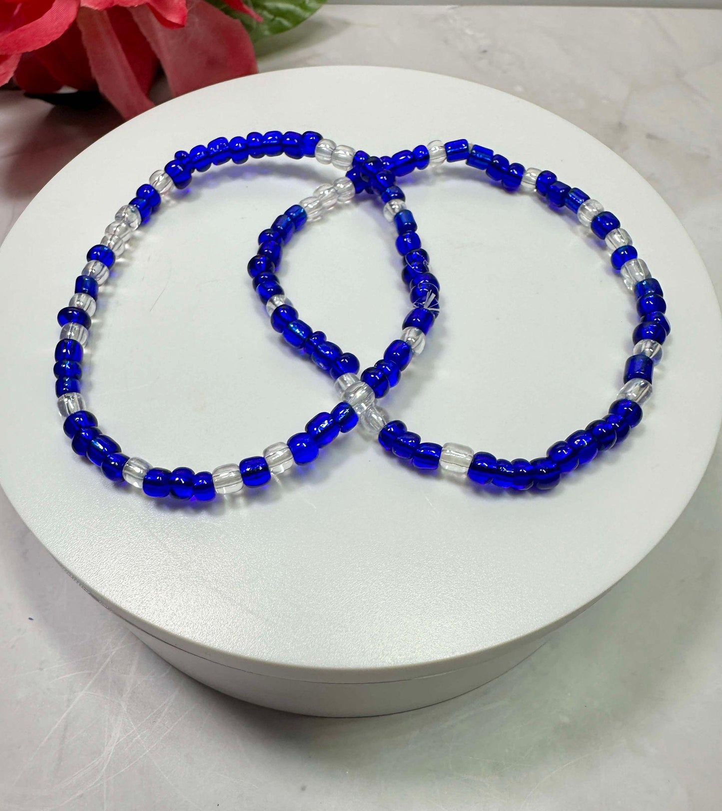 Single Strand Translucent Blue & Clear Seed Bead Bracelet