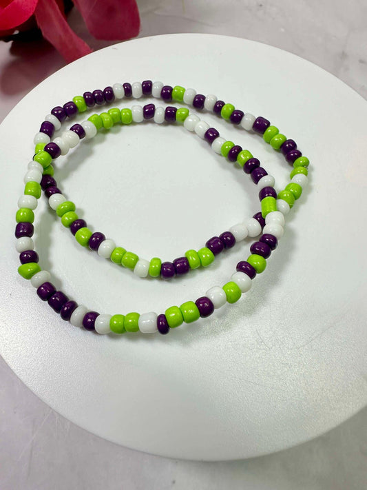 Single Strand Purple/Green/White Seed Bead Bracelet