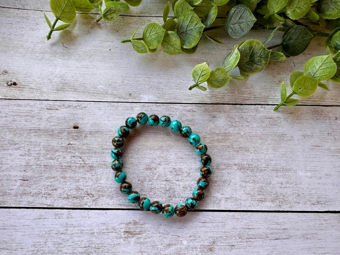 Single Strand Teal & Brown Marble Bead Bracelet