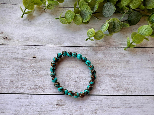 Single Strand Teal & Brown Marble Bead Bracelet