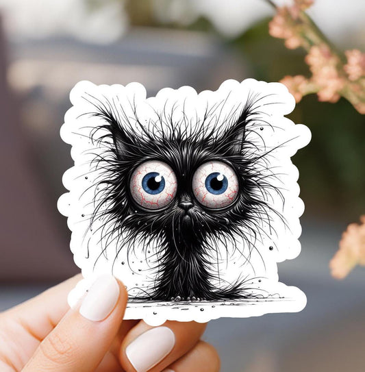 Frazzled Black Cat Vinyl Sticker: Water Resistant Laptop Decal
